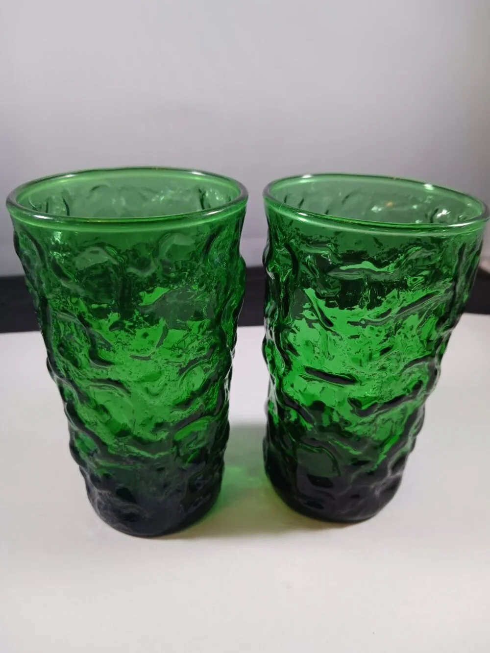 Vintage Anchor Hocking Milano 2pcs Forest Green Glass Tumblers crinkle 10 oz